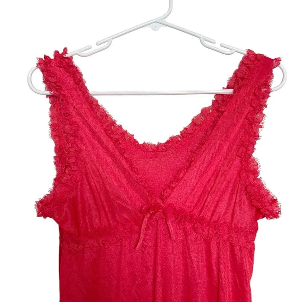 Vintage 70s Red Maxi Slip Dress Nightgown Ruffle Lace Empire Waist Dainty M - Picture 3 of 5